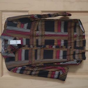 Black printed "link/chain" blouse; button front; collared; 3/4 sleeve buttons